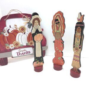 Vintage Lot Of 4 Slender Pilgrims & Native American Thanksgiving Fall Figurines